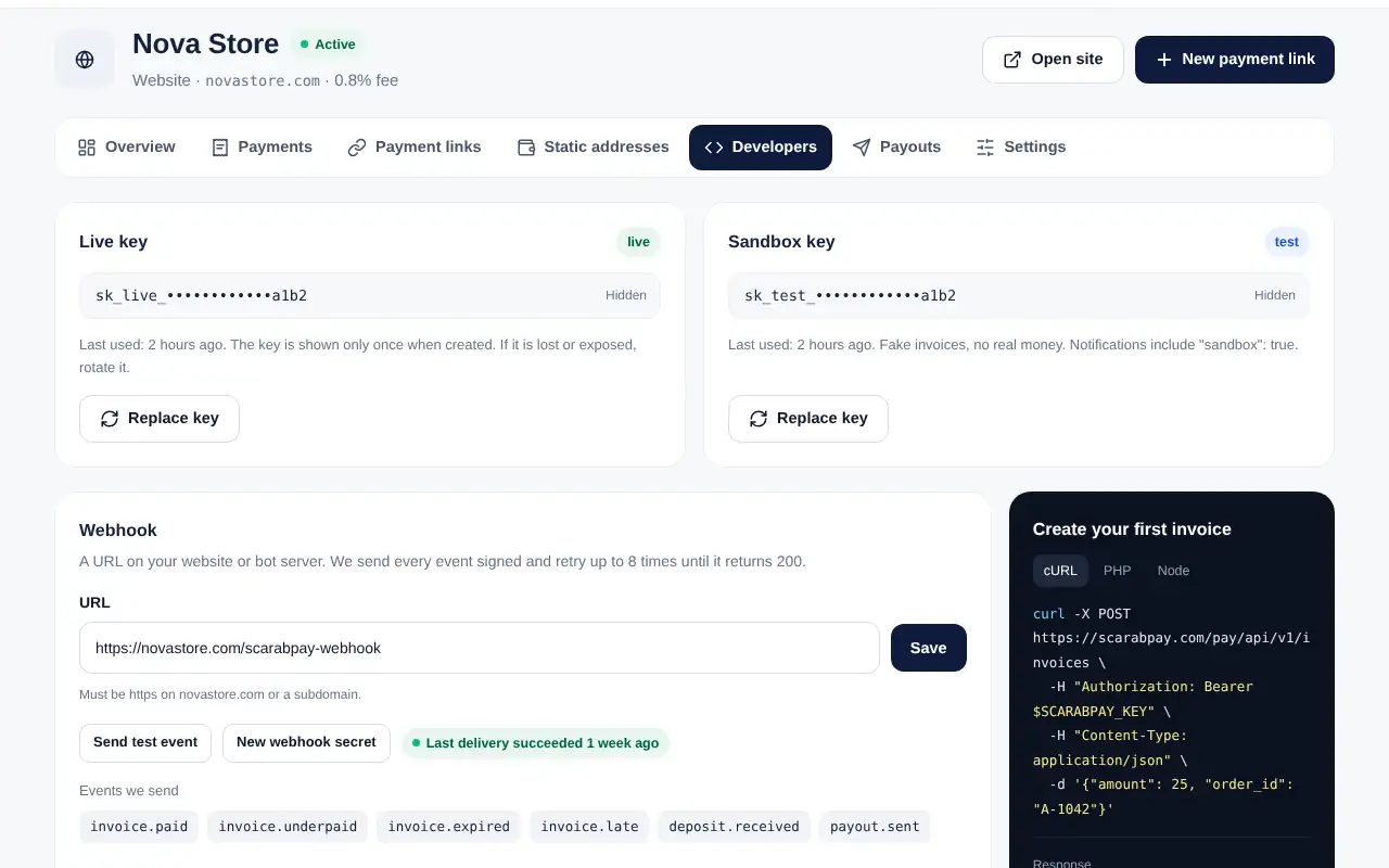 API keys and webhook settings in the Developers tab