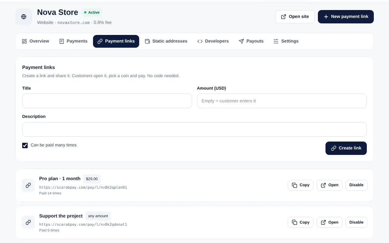Your payment links with the number of payments